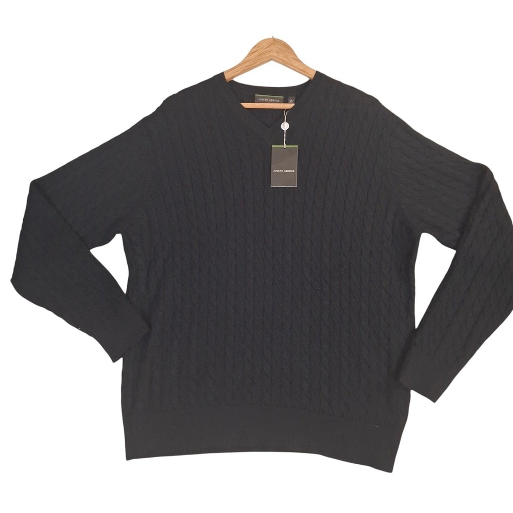Joseph Abboud Baby Alpaca Cable Knit V-Neck Sweater Mens Large L Black Onyx NWT